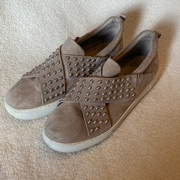 J/Slides—Silver Studded Taupe Slide - Picture 1 of 5